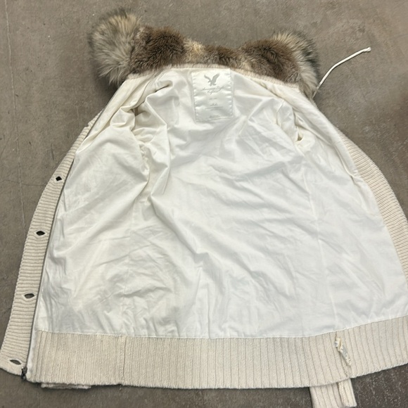 Vintage y2k Cream Cable Knit fishermen Hooded wool blend Cardigan with Fur Trim - Picture 5 of 9